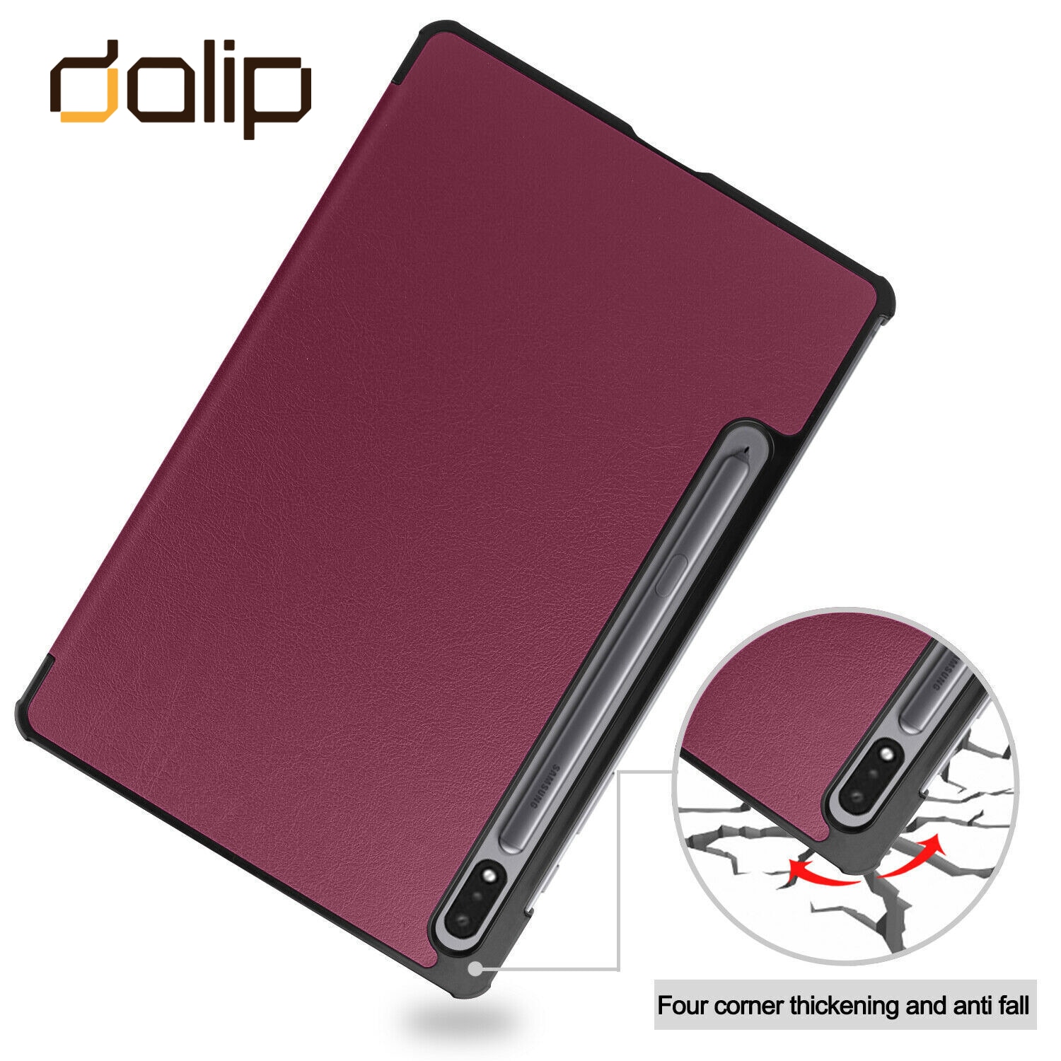 Husa pentru Samsung Galaxy Tab S7 FE 12.4'', Dalip Flip Protect 360° Landscape View, Suport Pen, Piele ecologica, Visiniu