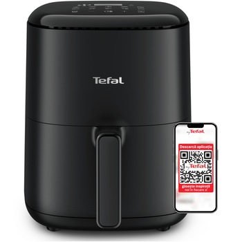 Friteuza cu aer cald Tefal Easy Fry Compact air fryer EY145810, 1300W, 10 programe, capacitate 3L, ecran tactil, vas detasabil antiaderent, oprire automata, negru
