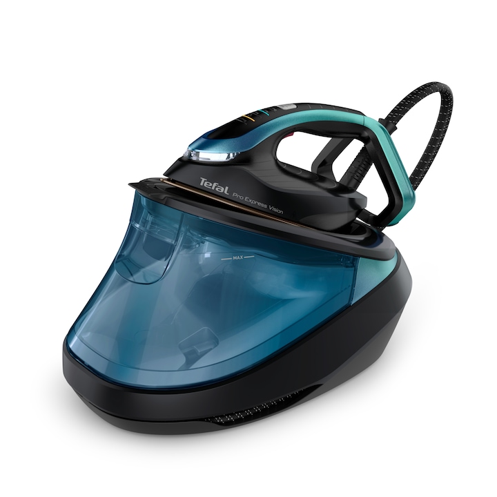 Statie de calcat Tefal Pro Express Vision GV9822E1, 3000W, 9 bari, jet de aburi 750 g/min, abur variabil 180 g/min, talpa Durilium Airglide Autoclean, rezervor apa 1.2L, oprire automata, negru & albastru