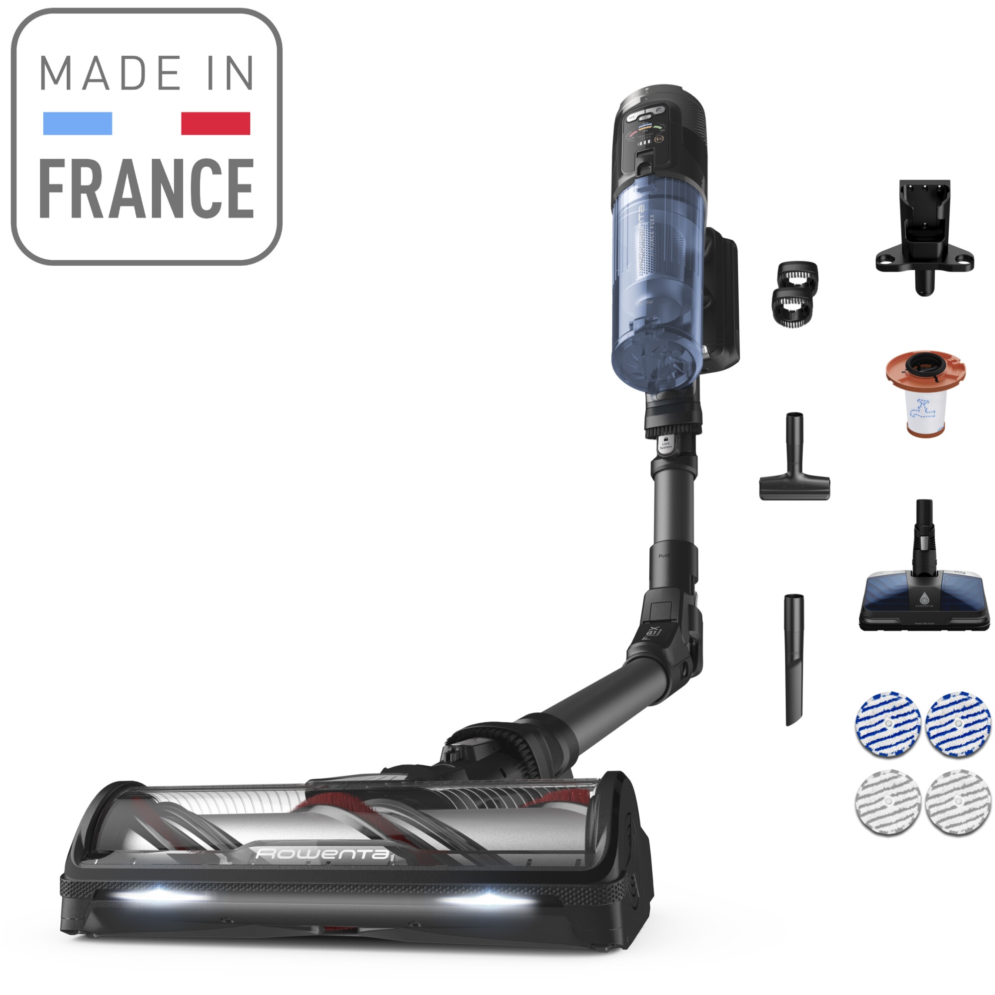 Aspirator vertical fara fir Rowenta X-Force Flex 12.60 NEO RH9LC1WO cu mop, 380W, 25.9V, autonomie 60 minute, filtrare 99%, recipient praf 0.65 L, tub flexibil, perie cu LED, Control Display, statie de incarcare cu suport accesorii, albastru & negru