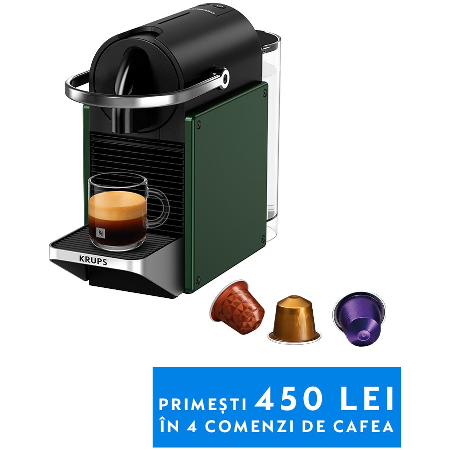 Espressor KRUPS cu capsule Nespresso Pixie Dark Green XN306310, 1260W, 19 bari, 0.7L, functie oprire automata, verde + set capsule degustare