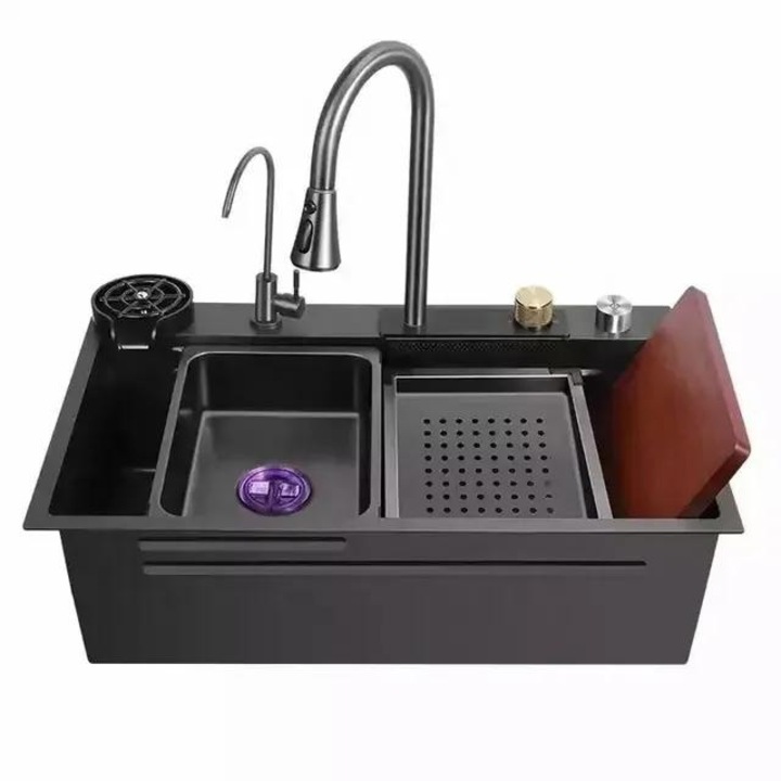 Chiuveta bucatarie multifunctionala din otel inoxidabil cu 2 baterii incluse, dus extractabil cu 3 functii, cascada tip fanta, accesorii incluse, gri antracit