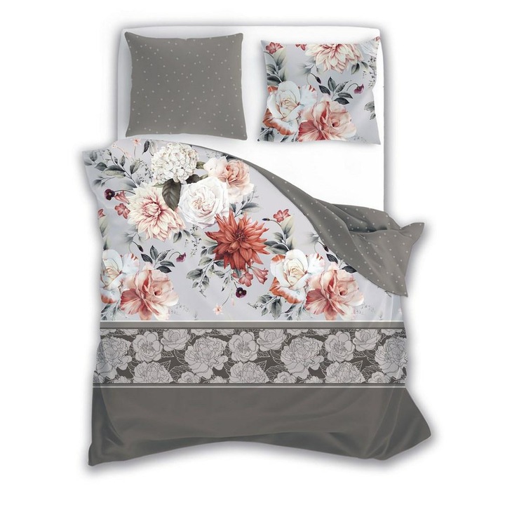 Set lenjerie de pat Faro Pure Sateen 007, bumbac satenat, bej cu gri, flori, 220x200cm, 70x80cm