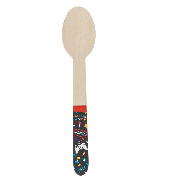 Set 10 lingurite de lemn pentru petrecerea copiilor Micul Gamer Shopiens®, cu imprimeu gaming, 16 cm