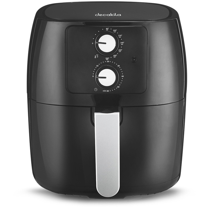 Friteuza cu aer cald Decakila KEEC038B, 1400 W, capacitate 4.5l, oala unica cu strat non-stick, cu protectie la supraincalzire, cronometru de 60 de minute cu oprire automata, temperatura reglabila 80-200 grade, negru