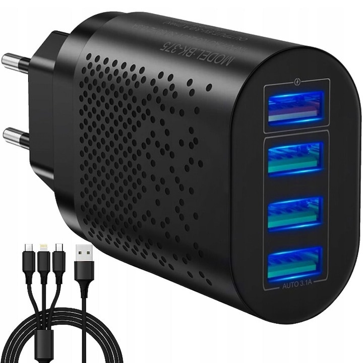 Incarcator cu 4 porturi USB, incarcare rapida, cablu incarcare cu 3 capete, micro USB, Lightning, USB tip C, negru, Dactylion®