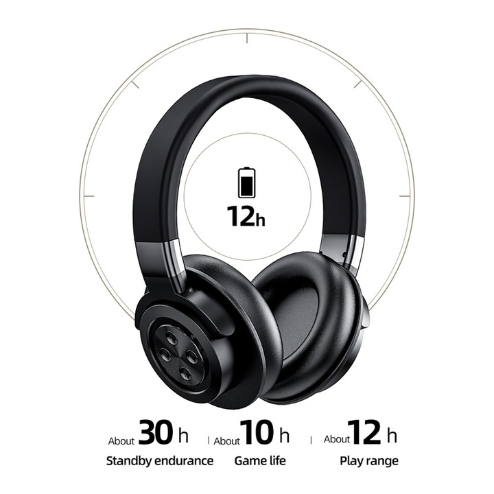 ZOLANA ZW34541 Vezeték nélküli sztereó HIFI fejhallgató, Bluetooth 5.0, 40 mm-es hangszóró, 10 m átvitel, frekvencia 20-18000 HZ, fekete