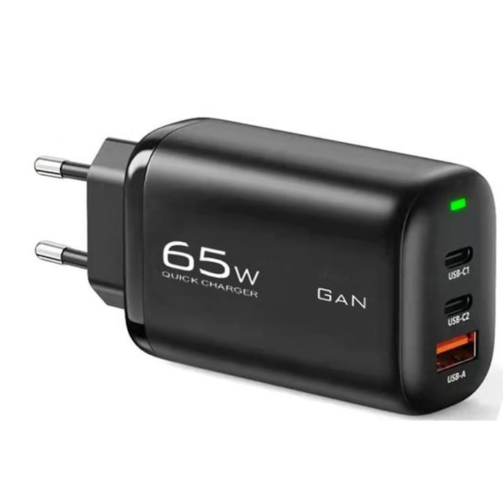 Multifunkcionális gyorstöltő ZOLANA ZU34561 65W, GaN anyag, PD, 2 Type-C port és 1 USB port, fekete