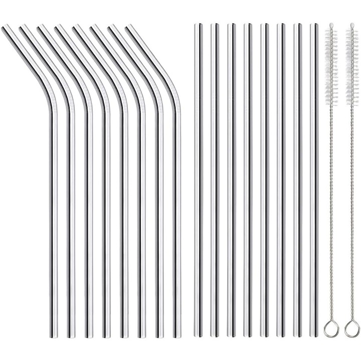 16 darab NOUSEG újrafelhasználható fém szívószál készlet, 8,5 hüvelykes, rozsdamentes acél, ezüst, tisztítókefével