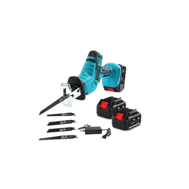 Fierastrau tip Sabie 36V, 2 Acumulatori 5000 mAh, 4 Lame, Mandrina Autoblocanta, LED, Valiza Transport