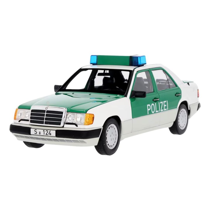 Modell autó Mercedes W124 E 230 Police, Norev, méretarány 1:18, limitált kiadás, fehér/zöld, 26,5 cm