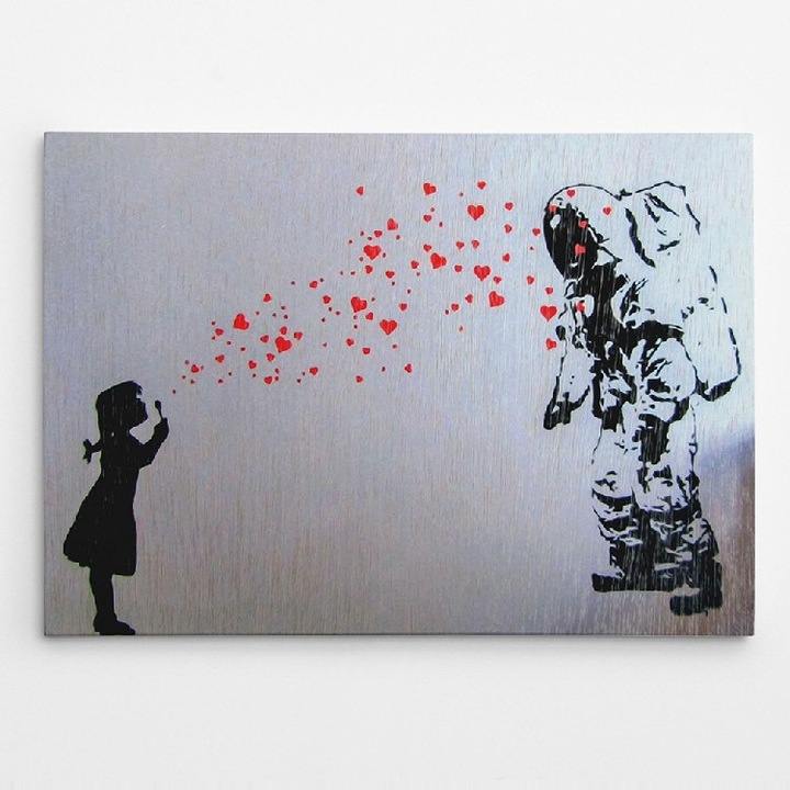 Tablou Canvas Banksy Fata si Astronautul, Poliester, Rosu, 100x3x70 cm, EPIKASA