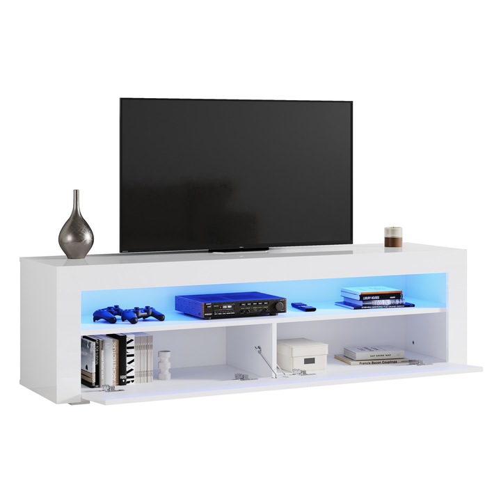 ТВ шкаф, Дизайн без дръжки, С LED осветление, 12 LED цвята, 2 сгъваеми врати, 120x 40 x 45 cm