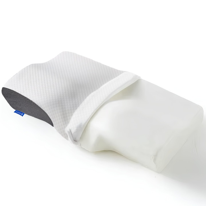 Husa din fibre Lyocell pentru Perna Cervicala Anatomica Suporto, Culoare Alb cu Gri, 60 x 34 x 11 cm