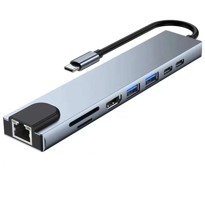 Хъб USB адаптер тип C, Rqiurpn, 8 в 1, HDMI 4K, PD 87W порт за зареждане, Ethernet RJ45, SD/TF четец на карти, универсален, сребрист