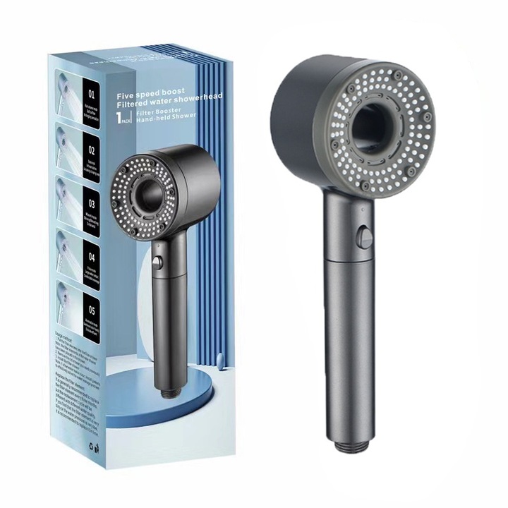 Душ глава, 5 режима на водно налягане, 5 филтъра от памук, филтър за пречистване на водата, ергономична форма, класическо сиво