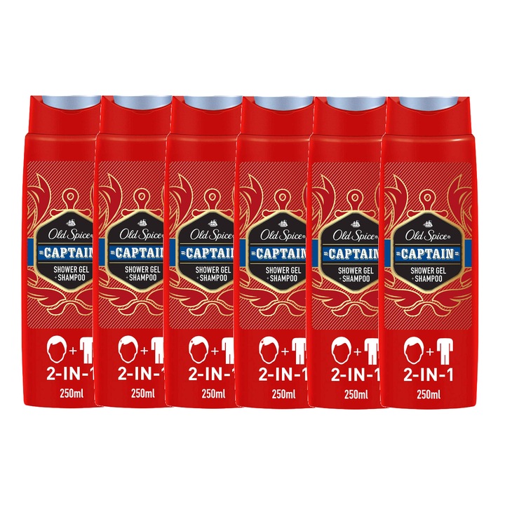 Sampon 2in1 barbati Old Spice Captain, 6 x 250 ml