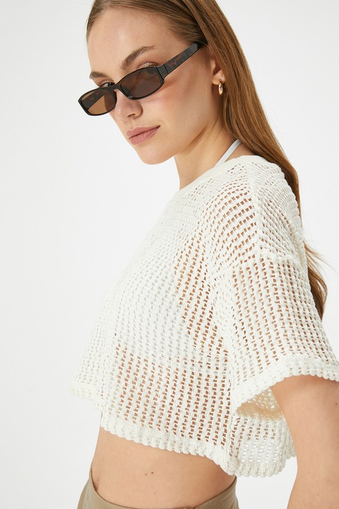 KOTON, Bluza crop semitransparenta cu maneci cazute, Transparent, Alb, 2XL