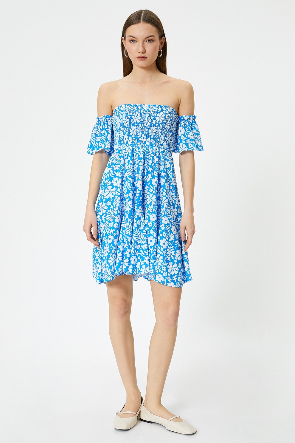 KOTON, Rochie cu decolteu pe umeri si model floral, Alb, Albastru glaciar, 34