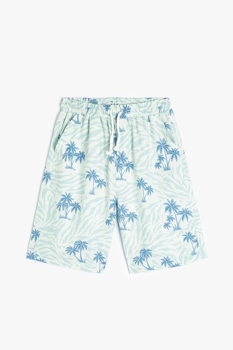 KOTON, Pantaloni scurti din amestec de in cu imprimeu tropical, Alb/Albastru deschis