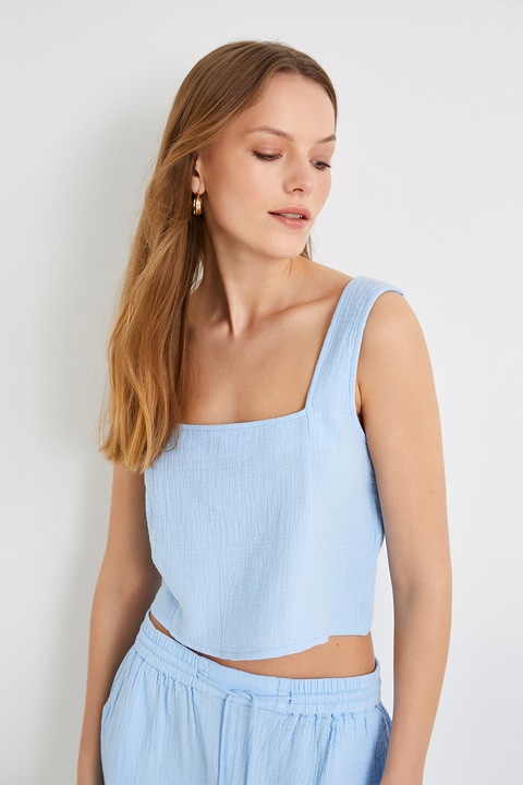 KOTON, Top crop de bumbac cu decolteu patrat, Albastru deschis