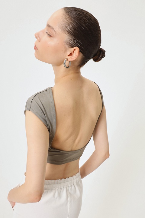 KOTON, Tricou crop cu decolteu adanc pe spate, Maro taupe deschis, L