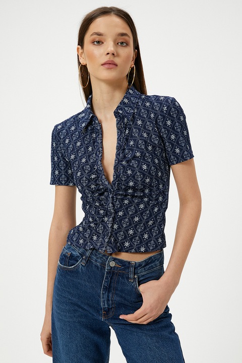 KOTON, Camasa crop cu model, Alb, Bleumarin, L