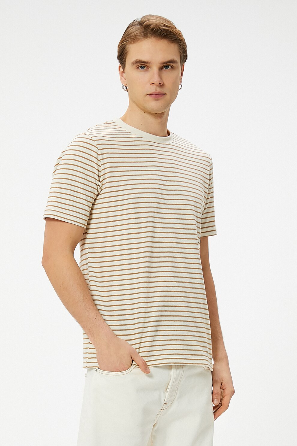 KOTON, Tricou relaxed fit cu model in dungi, Maro, Alb, S