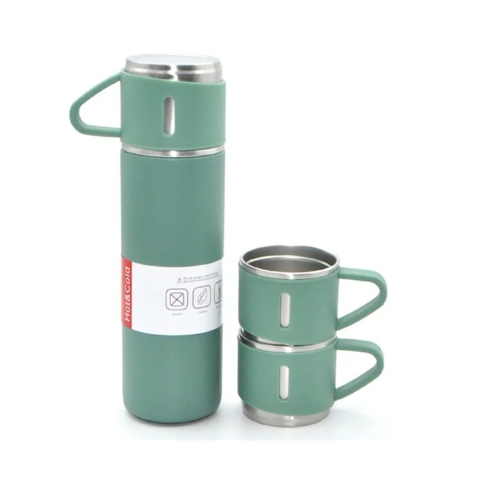 Termos inox 500 ml cu 2 cani suplimentare, pastreaza bauturi calde sau reci pana la 12 ore