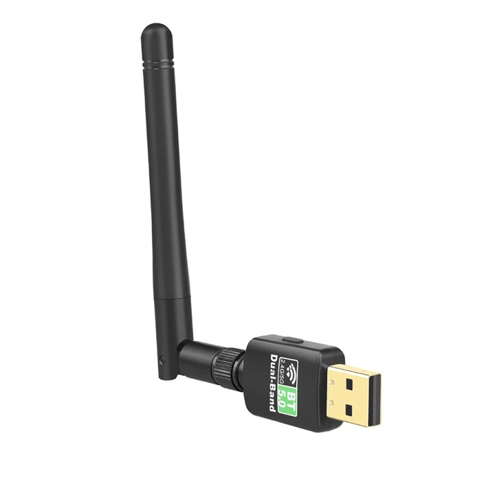 Адаптер 2 в 1 USB 2.0 ACTIVE, безжична мрежова карта + Bluetooth 5.0, 600Mbps Dual Band 2.4/5.8Ghz, 2Db подвижна антена, wifi bt5.0