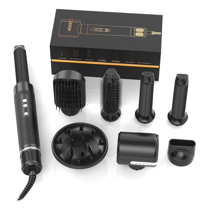 Професионален сешоар ATOMKIT 7 в 1, комплект Wrap Air Styler 110000 RPM, високоскоростна въздушна система за сушене, четка с горещ въздух в салона, гребен за изправяне, електрическа пръчка за къдрене, диамантено черно