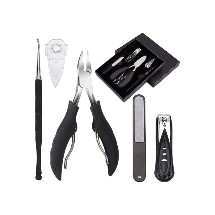 Комплект за маникюр и педикюр, 6 части, неръждаема стомана, с нокторезачка, клещи, пила и принадлежности за педикюр, за врастнали или дебели нокти, черно/сребристо