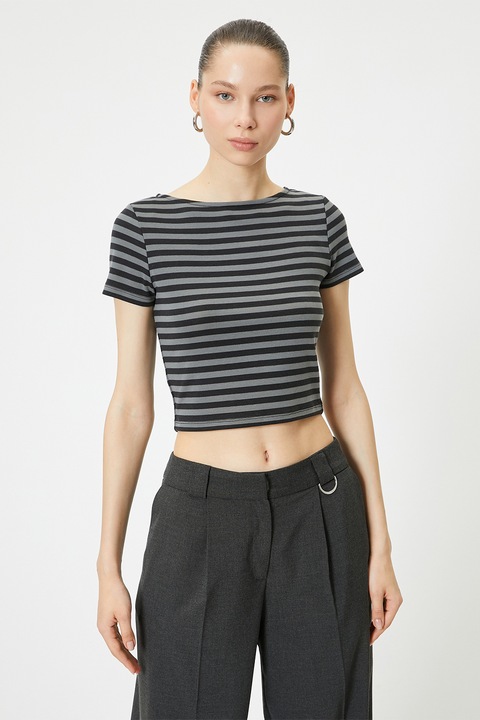KOTON, Tricou crop cu dungi, Negru, Gri, S