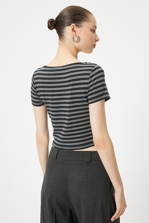 KOTON, Tricou crop cu dungi, Negru, Gri, S