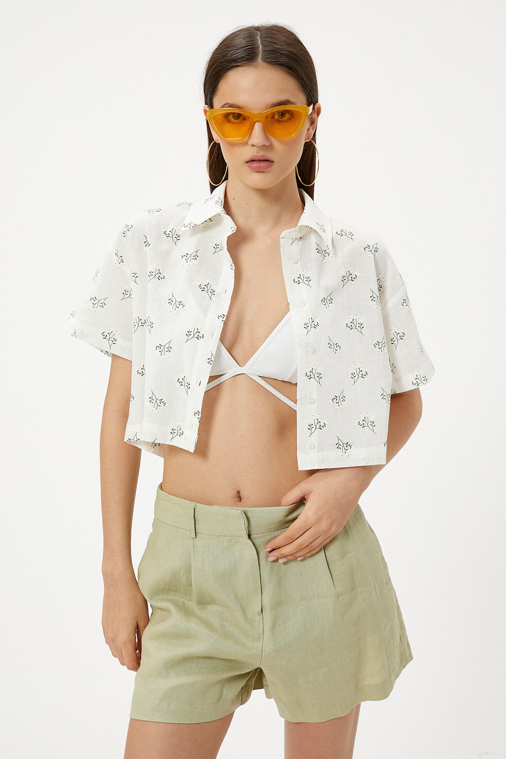KOTON, Camasa crop cu model si cu maneci scurte, Verde, Alb, Galben, 40