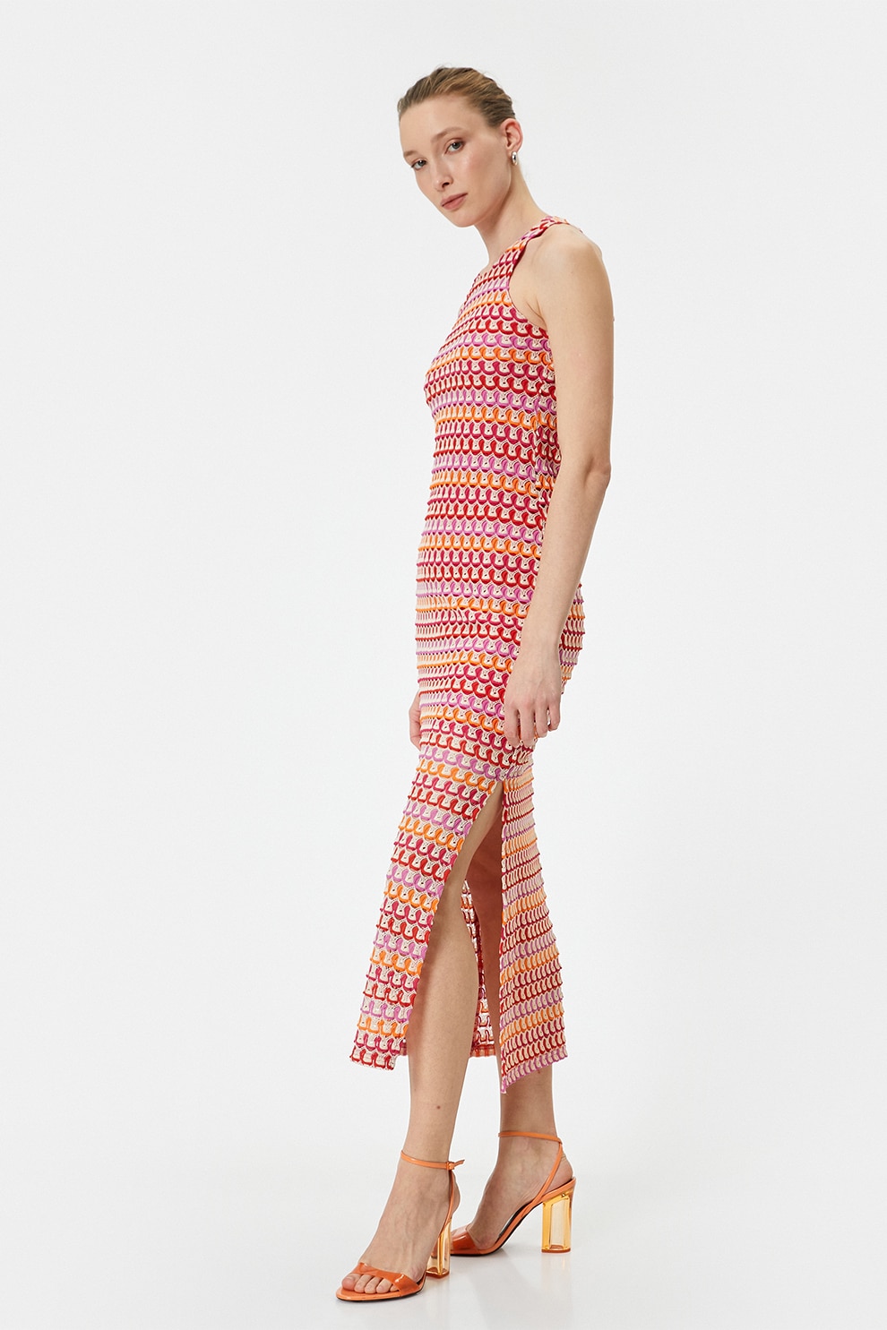 KOTON, Rochie dreapta cu model in dungi, Rosu, Portocaliu, Roz, M