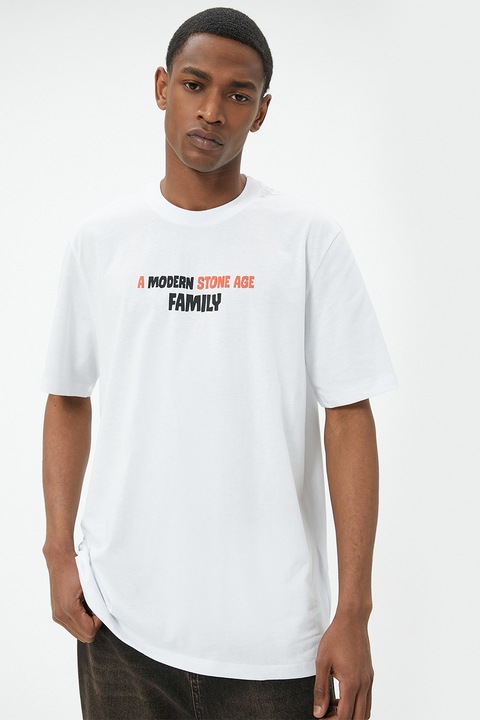 KOTON, Tricou cu imprimeu The Flintstones, Alb/Negru/Portocaliu persan