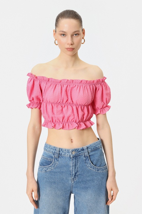 KOTON, Bluza crop cu decolteu pe umeri si model drapat, Fucsia