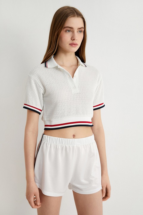 KOTON, Tricou polo crop, Rosu/Alb/Bleumarin