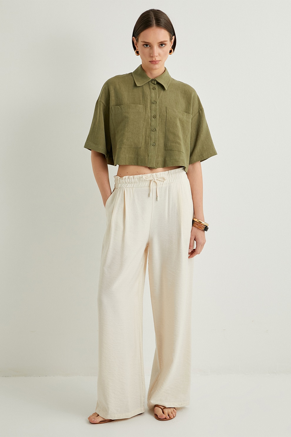KOTON, Camasa crop lejera, Kaki, 34
