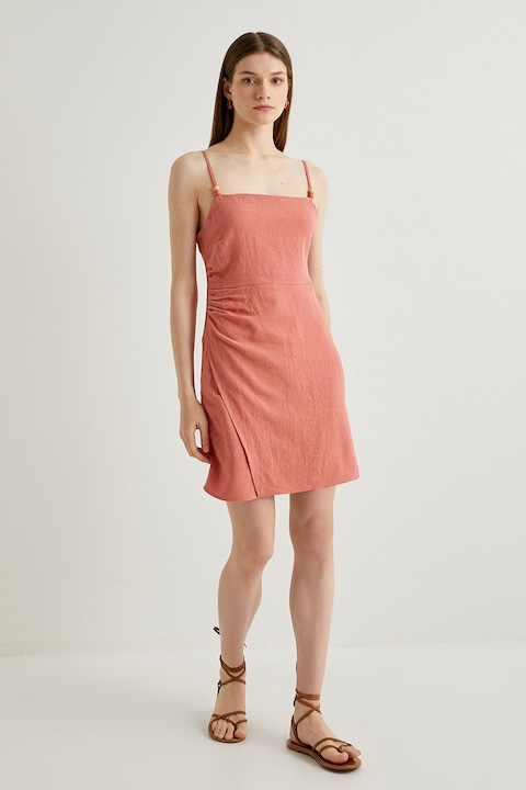 KOTON, Rochie din amestec de in cu decolteu patrat, Somon, 36