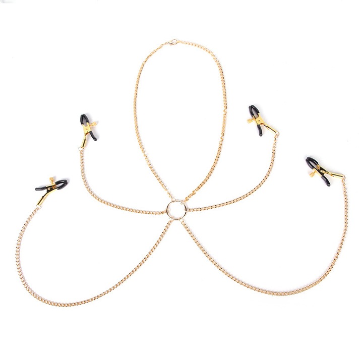 OEM BDSM készlet, mellbimbó és csikló bilincsek, állítható, lánccal, arany