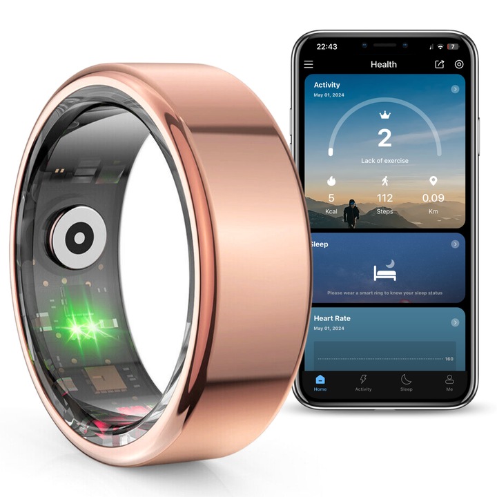 Inel Inteligent, Bluetooth, Monitorizeaza Pulsul, Oxigenul din Sange, Somnul, Stresul, Calorii, Rezistent la apa si praf IP68, Marime 11, Diametru 20.6mm, Rose Gold Metalic