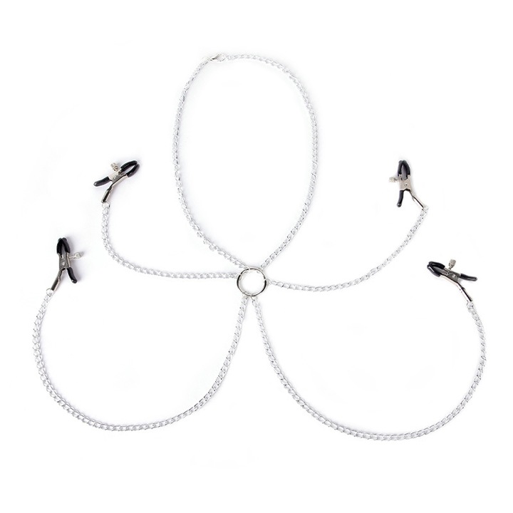 OEM BDSM készlet, Klipsz bimbókhoz és csiklóhoz lánccal, Állítható, Ezüst