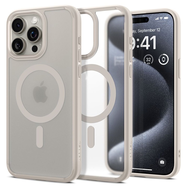 Husa compatibila cu iPhone 15 Pro Max, RAO Urban, ru iPhone 15 Pro Max - Spigen Ultra Hybrid, B21, Silicone, Frost Natural Titanium