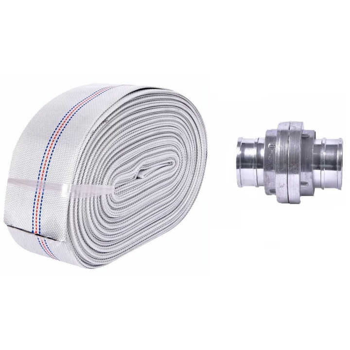 Tűzoltó típusú víztömlő, 3 hüvelyk 20 m 8 bar, csatlakozókkal együtt