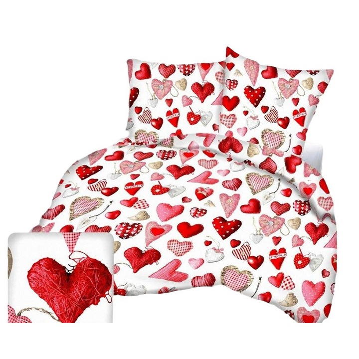 Комплект спално бельо Karo, 140x200см, памук, бяло с червени сърца, 70x80см
