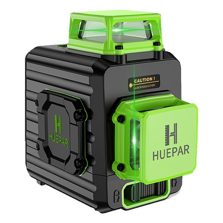 Зелен лазерен нивелир, Huepar, самонивелиращ се, Водо/прахоустойчив, 85 фута, Литиево-йонна батерия, Зареждане тип C, Куфар за носене
