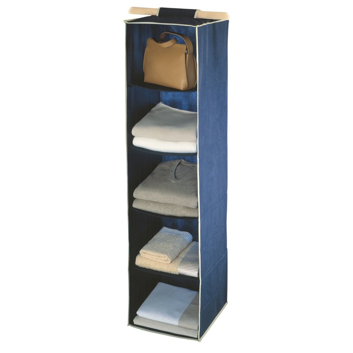 Organizator pentru haine, Zola®, albastru, cu 5 compartimente, inchidere velcro, 30X30X120 cm