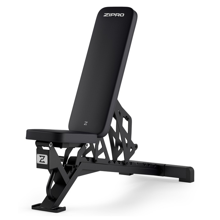 Banc de antrenament, Zipro, Nocardio, greutate maxima 140 kg, scaun reglabil, spatar reglabil, suport biceps reglabil, suport haltere reglabil, Negru